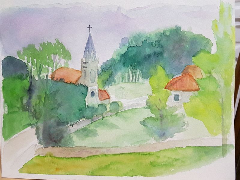 Acuarela, la iglesia de mi pueblo