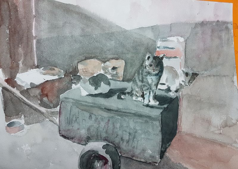 Acuarela de los gatos esperando a la leche